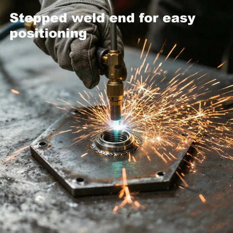 Welding a Two Pack 3/8 Npt Weld On Female Pipe Thread Steel Bung Fitting Step Nut for easy pipe assembly.