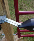 Push To Open Brackets For Automatic Gates That Open Away From Property Two Heavy Duty Solid Steel Pivot Brackets For Rear Mount Replaces Pull To Open Brackets In Gate Opener Kits Includes Two Brackets Metal Finish Model AXPO shown in outdoor installation