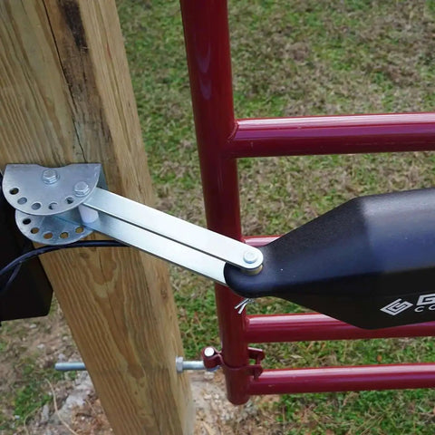 Push To Open Brackets For Automatic Gates That Open Away From Property Two Heavy Duty Solid Steel Pivot Brackets For Rear Mount Replaces Pull To Open Brackets In Gate Opener Kits Includes Two Brackets Metal Finish Model AXPO shown in outdoor installation