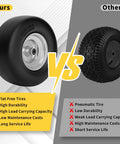 Comparison between front flat-free and pneumatic tires for zero turn mowers, highlighting durability and load capacity.