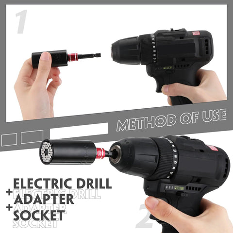 Must Have Pro Grade Flexible Drill Bit Extension Set With 105 Degree Right Angle Attachment in use with electric drill