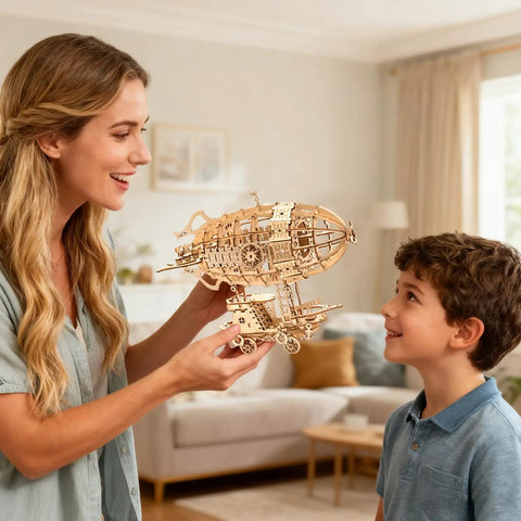 3D Wooden Puzzle Airship Kit For Adults And Teens Educational Brain Teaser Model Building Kit Premium Plywood Parts Easy To Assemble Tenon Joint Craft Hands On Fun Gift For Christmas Birthday Or Friends displayed by a woman and child in a living room.