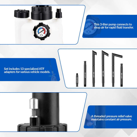 3L Transmission Fluid Transfer Pump Kit With 13 ATF Adapters, showing components and real-time pressure gauge