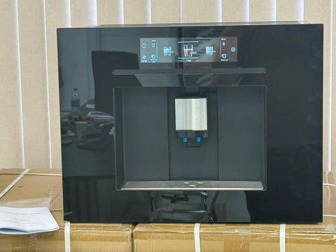 Next Level Built In Fully Automatic Coffee Maker With Glossy Black Glass Panel And Smart Touchscreen Interface front view with digital display.