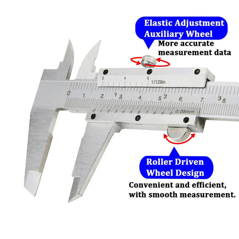 Analog Vernier Caliper 6 Inch 150mm with dual reading scale, highlighting elastic adjustment and roller driven wheel design.