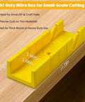 4 Piece Miter Box And Saw Set With A 2.68 By 12 Inch Miter Box And Three Saws For Quick Bevel And Miter Cuts From Hardwood To Soft Metals DIYer Friendly For Light Duty Projects showing yellow miter box dimensions