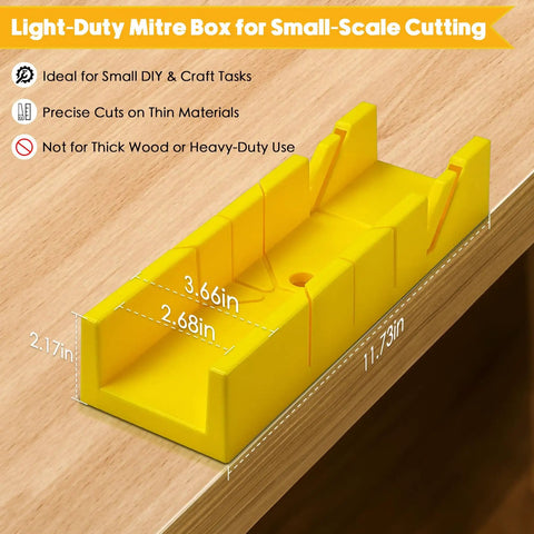 4 Piece Miter Box And Saw Set With A 2.68 By 12 Inch Miter Box And Three Saws For Quick Bevel And Miter Cuts From Hardwood To Soft Metals DIYer Friendly For Light Duty Projects showing yellow miter box dimensions
