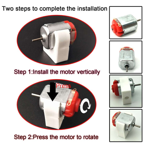 Installation steps for Six Pack DC Motors Kit For DIY Projects showcasing motor mounted vertically and rotating mechanism.
