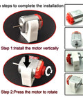 Installation steps of Six Piece Awesome DC Motor Kit For DIY Projects showing vertical motor positioning and pressing to rotate.