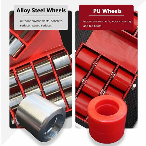 Built Tough Heavy Duty Steel Machinery Roller Mover featuring alloy steel and PU wheels for various surface applications.