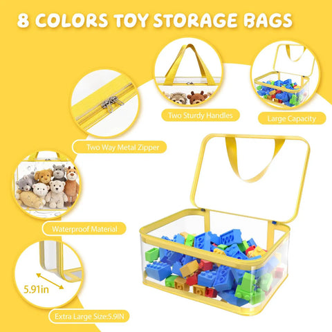Eight Piece Extra Large Colorful Toy Storage Bags With Zippers And Labels Clear PVC Waterproof Organizers with toys