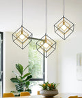 Three Dope Modern Geometric Cube Chandelier Pendant Light in Black Brass for Kitchen Island and Entryway above dining table