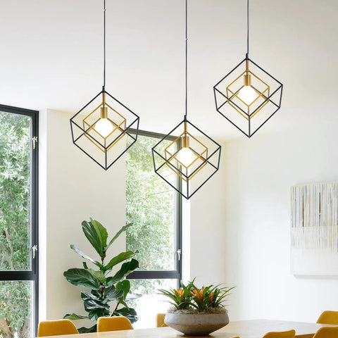 Three Dope Modern Geometric Cube Chandelier Pendant Light in Black Brass for Kitchen Island and Entryway above dining table