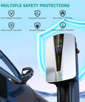 Level 2 EV Charger 48 Amp Indoor Outdoor With SAE J1772 Connector and safety protections next to electric vehicle