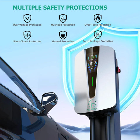 Level 2 EV Charger 48 Amp Indoor Outdoor With SAE J1772 Connector and safety protections next to electric vehicle
