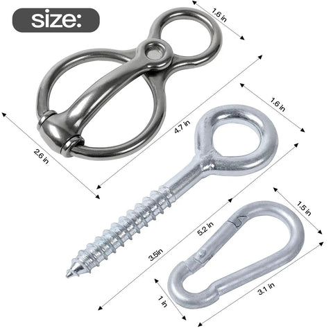 Stainless steel Blocker Tie Ring For Horses with measurements showing size and components for single, cross ties.