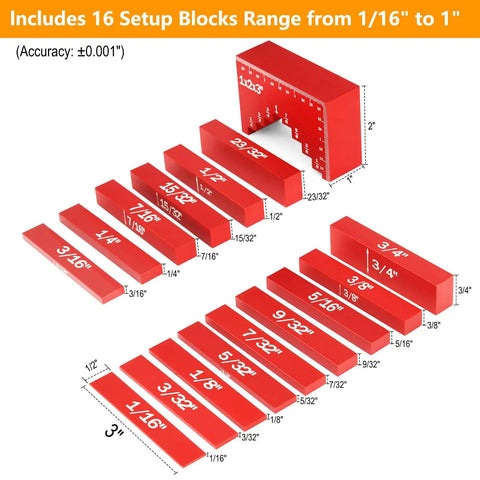 Pro Grade Setup Blocks Kit 16 Piece Precision Aluminum Height Gauge for Routers and Table Saws shown in red with measurements