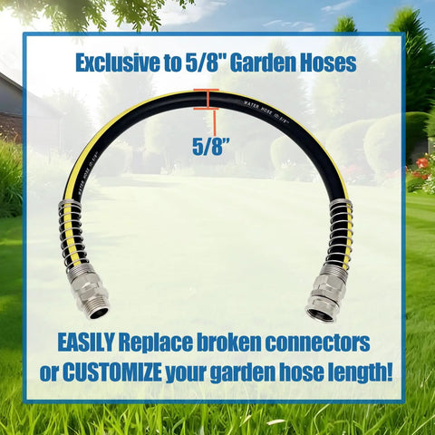 Solid Brass Five Eighths Inch Garden Hose Repair Kit With Spring Guard shown with heavy duty connectors in a garden setting