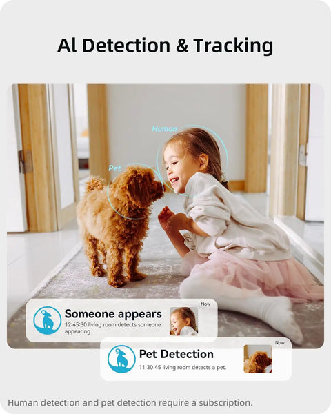 Child playing with dog, showcasing AI detection tracking features of the 2K Security Camera With 360 Degree Coverage For Home And Pet Monitoring.
