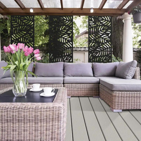 Outdoor patio with wicker furniture and 2x4 Black Outdoor Decorative Screen Panels Durable Polypropylene Weather Resistant with Low Thermal Expansion