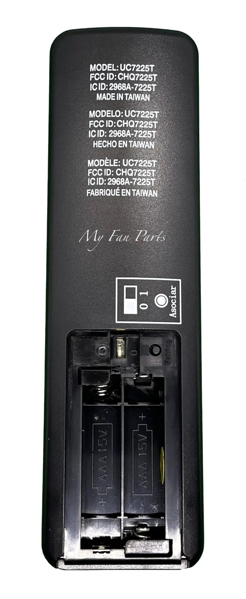 Back view of UC7225T Replacement Remote With Wall Mount Holder For TR198A, showing battery compartment and product details.