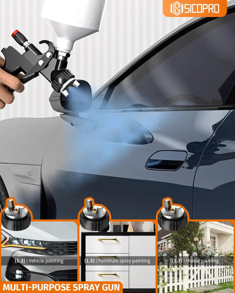 Hustle Ready Lvlp Paint Spray Gun With Built In Oil Water Catcher For Custom Rides And Wood Finishing in action painting a vehicle.