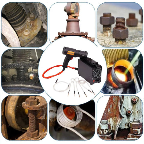 Heavy Duty 1500W Magnetic Induction Bolt Heater With Four Heating Coils And Rugged Carry Case, multiple angles showing rusty bolts and heater.