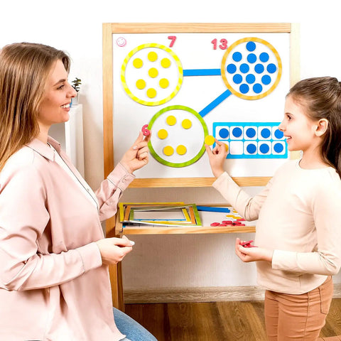 Teacher and student using 84 Piece Magnetic Number Bonds and Magnetic Ten Frames Set for Classroom Use on whiteboard.