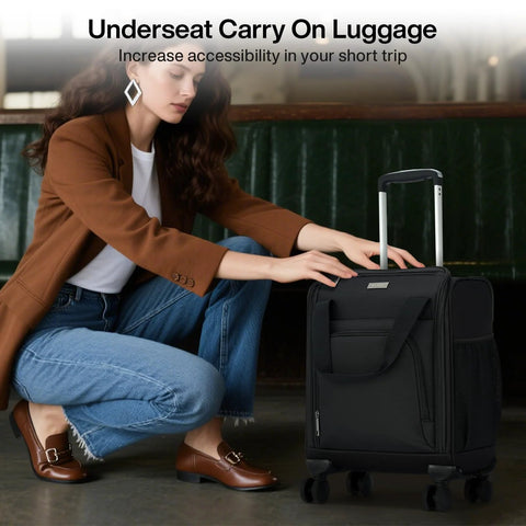 Woman with underseat carry-on luggage 16 inch softside spinner.