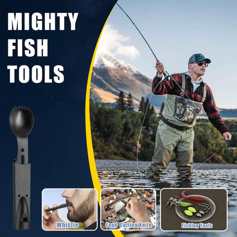 Man fly fishing with gear highlighting 66 In 1 Outdoor Survival Kit With First Aid Fire Starter Knife And Compass For Camping And Hiking Gear Perfect Gift For Men And Outdoor Enthusiasts For Any Adventure Seeker
