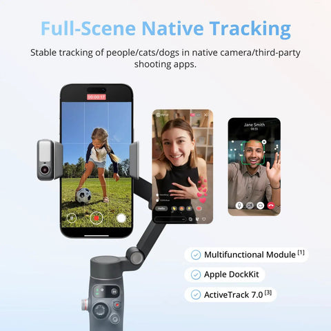 Osmo Mobile 8 Advanced Tracking Gimbal For Phone With AI Native Tracking showing full-scene tracking on multiple screens