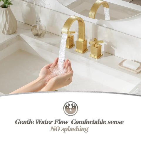 Brushed Gold Bathroom Sink Faucet With Waterfall Design, Widespread 8-Inch 3-Hole Mount in use