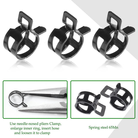 Rierdge black spring band hose clamps set, 40 pieces; three clamps shown in front view, 1/4 in ID for 6.5–7.2 mm hoses.