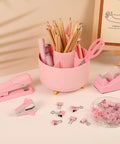 Pink desk accessories set for home office 10 piece including 360 degree rotating pen holder stapler staple remover tape dispenser