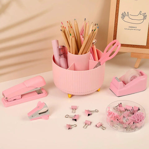 Pink desk accessories set for home office 10 piece including 360 degree rotating pen holder stapler staple remover tape dispenser