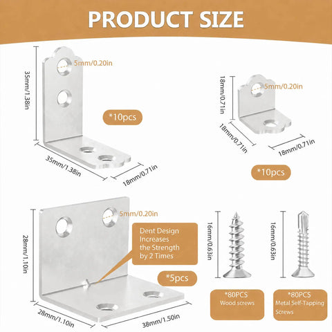 Heavy Duty L Shaped Corner Brackets Set With Three Sizes Built Tough Metal Includes 80 Screws And 80 Self Tapping Screws diagram