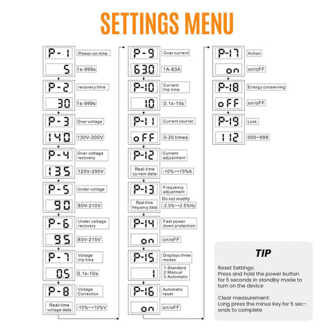Settings menu for Adjustable Over And Under Voltage Protector Smart Circuit Breaker 110 To 230 Volt AC 2P 63A with options and values.