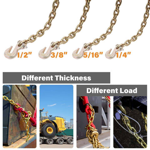 Two Pack G80 Trailer Safety Chain Set with various hook sizes for different loads