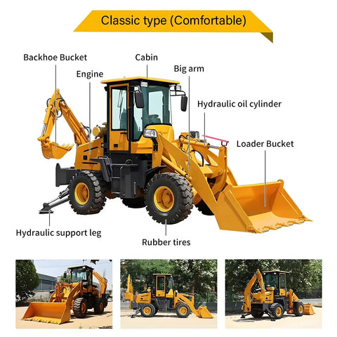 Compact 4x4 Wheel Backhoe Loader With Front End Loader And Rear Digger for farm garden landscaping, classic type, close-up.