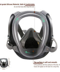 Close-up of gray silicone seal full-face respirator showing comfort and compatibility. Full Face Reusable Respirator for Organic Vapor and Particulate Filter Protection, Pro Grade Comfort for Painting Polishing and Welding, FF400 VSeries Style, Similar to 6000 6800 7800