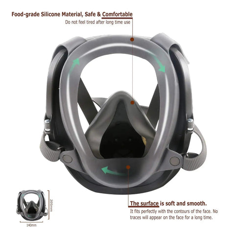 Interior view of Full Face Protective Cover With Organic Vapor Filter, highlighting food-grade silicone material for comfort.