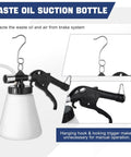 Pneumatic Brake Fluid Bleeder Tool With Four Master Cylinder Adapters 90 To 120 PSI showing waste oil suction bottle.