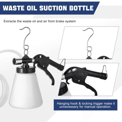 Pneumatic Brake Fluid Bleeder Tool With Four Master Cylinder Adapters 90 To 120 PSI showing waste oil suction bottle.
