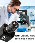 16MP HD USB Camera With 2.8 to 12mm 4X Optical Zoom CS Mount Lens in lab setting next to microscope for industrial inspection