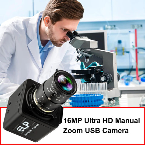 16MP HD USB Camera With 2.8 to 12mm 4X Optical Zoom CS Mount Lens in lab setting next to microscope for industrial inspection