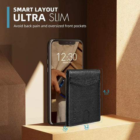 Grab This Slick Slim Bifold Wallet For Men Premium Leather Rfid Blocking Card Holder With Dual Id Windows And Easy Grip Slots Ultra Thin Back Pocket Friendly Everyday Carry Essentials Gift Box Included with smartphone for size comparison.