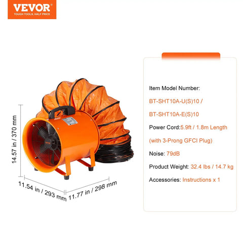 VEVOR Air Mover Blower Fan 10 Inch, 1893CFM 380W with 33ft Flexible Duct, Industrial Portable Ventilator Blower, Orange