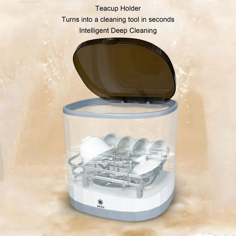 Compact Countertop Dishwasher With 4 Liter Built In Tank And 360 Rotating Spray Head Usb Rechargeable Portable Cleaner For Rv Camping Dorms Tiny Homes No Sweat Quick Rinse Easy Peasy Setup Weekend Warrior Approved with teacup holder, deep cleaning feature, and open lid.
