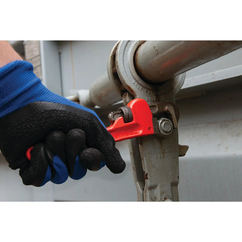 Heavy Duty Adjustable Straight Pipe Wrench 8 Inch With 1 Inch Jaw Capacity Grips Like A Boss Durable Enamel Finish Precision Milled Jaws For Leaks Plumbing Tool For Tight Spaces Pro in use tightening metal pipe outdoors