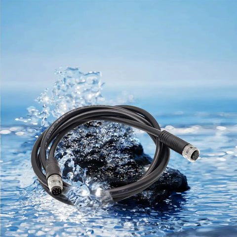 M12 8 Pin Male To Female Connector Cable For Industrial Waterproof Sensor Extension Wire on rocks with water background
